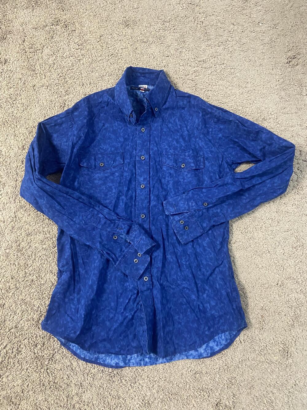 Texas Cotton Shirt Mens Large Blue Button Down Long Sleeve Pockets Made in USA